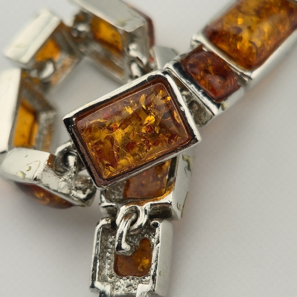 18KGP Amber Link Bracelet 7" Rectangular Gemstones Gold Plated Statement Jewelry - Picture 6 of 12